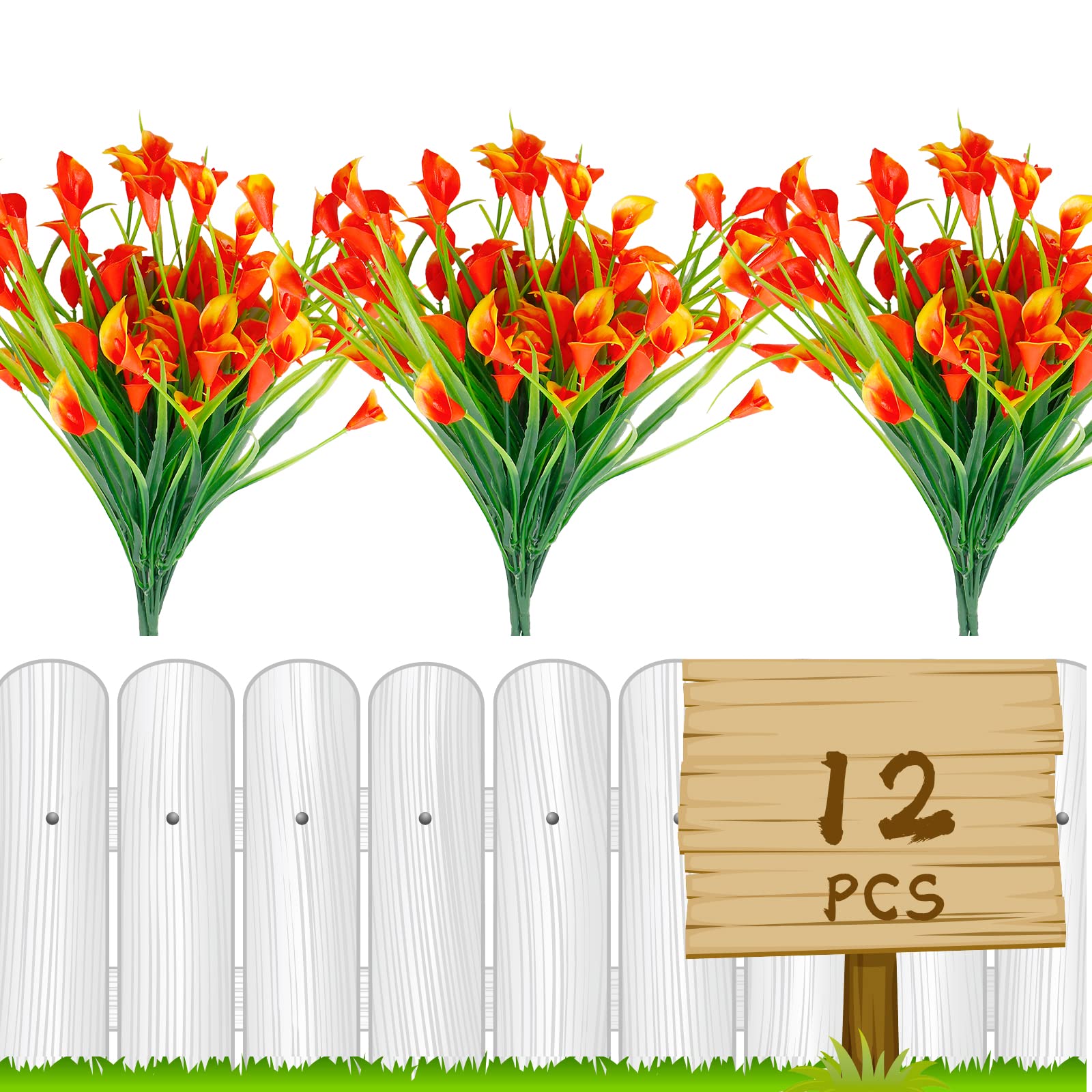 Leixi Artificial Flowers,12Pcs Fake Calla Lily Flowers Plants Outdoor Decor,UV Resistant Faux Plants Plastic Spring Flower Indoor Outside Hanging Planter Home Kitchen Garden Porch Decor (Sunset)