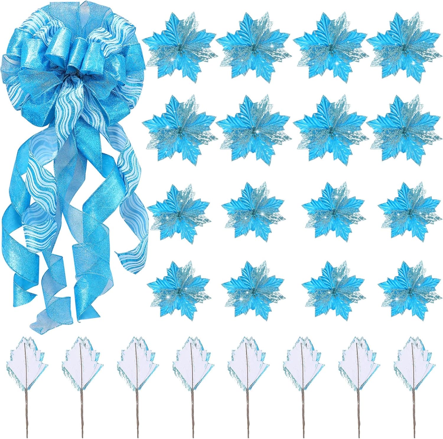 Tree Toppers - Large Christmas Tree Topper 12 x 34 Inches Decorative Hanging Bow Christmas Tree Ornaments and 24 Pieces 6.7inch/4.7 inch Artificial Christmas Flowers for Christmas Decoration (Lake Blue)