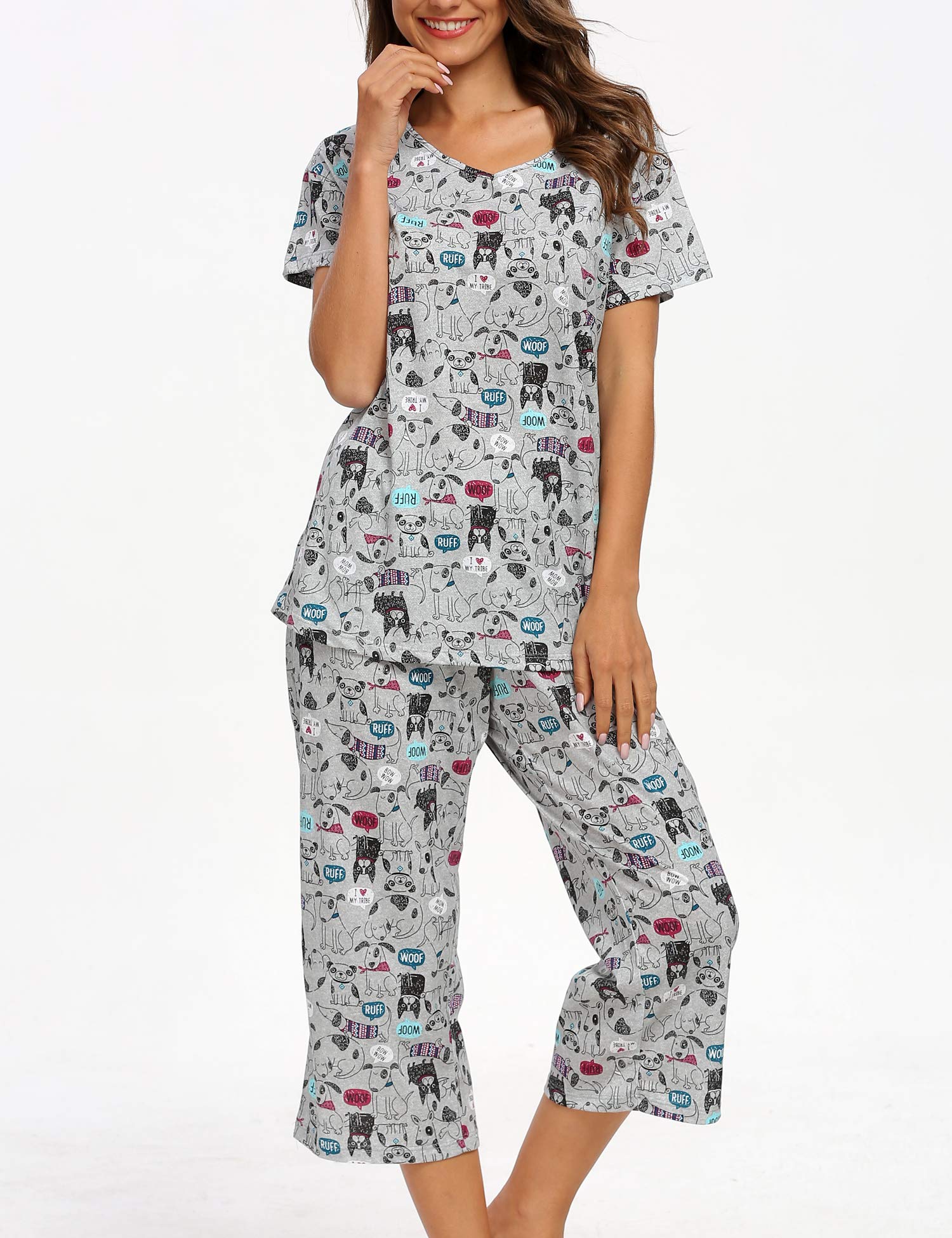 ENJOYNIGHT Women\'s Cute Sleepwear Tops with Capri Pants Pajama Sets (Dog, Medium)