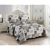 Brilliant Sunshine Rose and Toile Patchwork, 3-Piece Quilt Set, Reversible Bedspread, Lightweight Coverlet, All-Season, Queen, Rose Gray