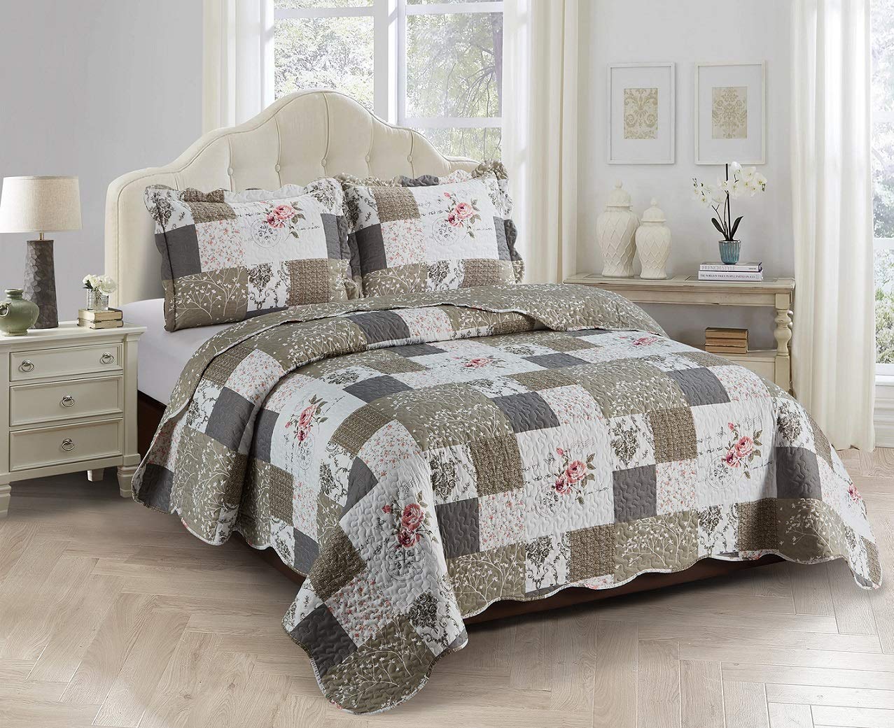 Photo 1 of (quilt only) Brilliant Sunshine Rose and Toile Patchwork, 3-Piece Quilt Set, Reversible Bedspread, Lightweight Coverlet, All-Season, Queen, Rose Gray