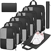 8 Set Compression Packing Cubes for Travel, Expandable Waterproof Travel Organizer, Lightweight Luggage Organizer with Shoes & Laundry Bags, Travel Accessories for Men Women, Black