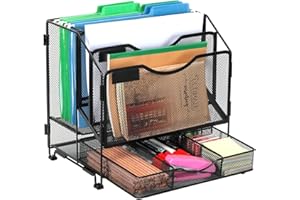 EasyPAG Mesh Desk File Organizer Office Supplies 2 Upright Desktop Filing Holder with Folder Hanging Rack and Sliding Drawer Organizer,Black