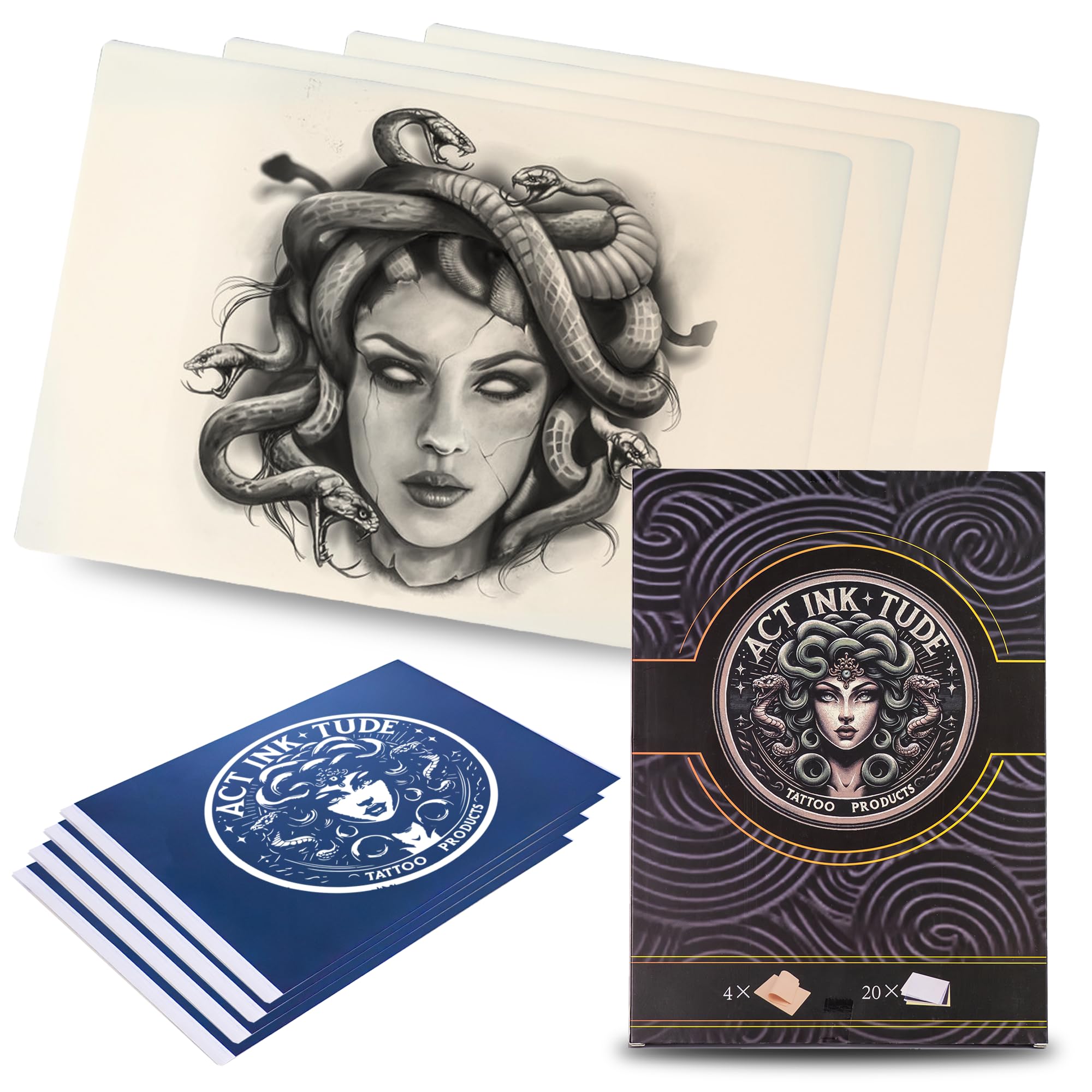 GANGA TATTOO 3mm Fake Skin with Tattoo transfer paper – 4Tattoo Practice Skin and Stencil paper kit includes 4pcs Double Sided Blank Tattoo Skin Practice 200x300x3mm and 20pcs temporary tattoo paper