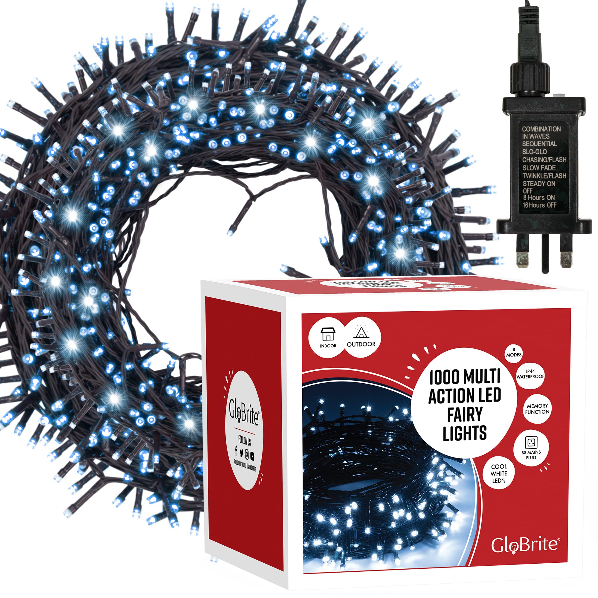 GloBrite 1000 LED Fairy Lights – Cool White Outdoor String Lights, 8 Modes, Waterproof Christmas Lights for Trees & Christmas Decorations