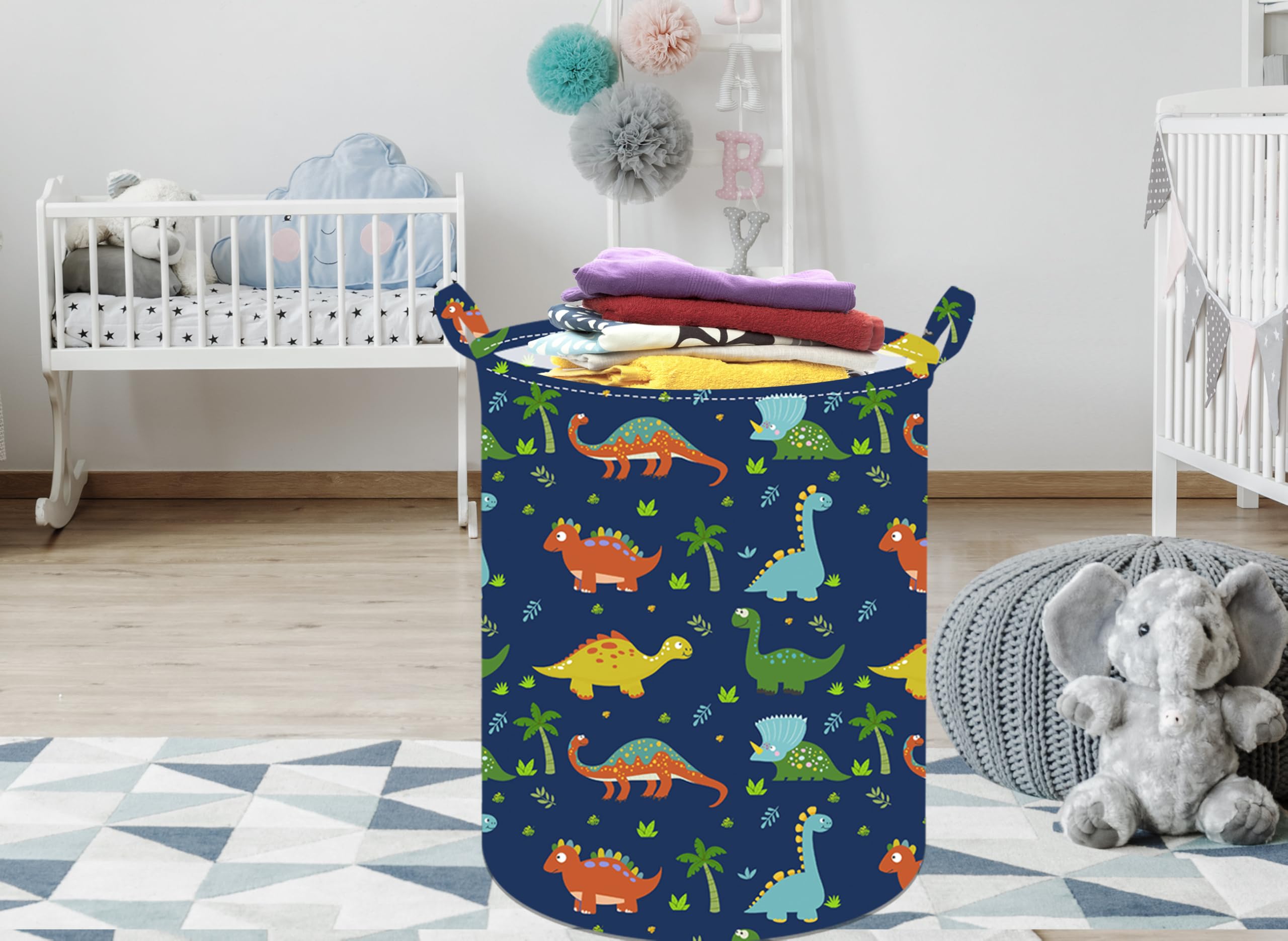 19.7 Inch Dinosaur Round Kids Laundry Clothes Hamper Dino Laundry Basket with Handles,Baby Toys Storage Organizer Bins Laundry Gift Basket for Boys and Girls Room, Bedroom Decor