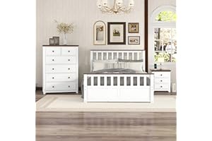 Flieks 3-Pieces Bedroom Furniture Sets, Bedroom Sets Storage Full Size Platform Bed with Nightstand(USB Charging Ports) and Storage Chest, White+Walnut