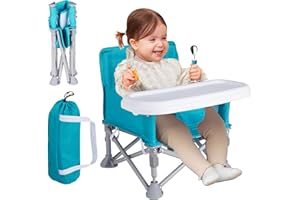 Furmubei Portable Baby Booster Seat with Tray, Toddler Booster seat for Dining, Camping, Travel, Baby Beach Chair 6 Months to 3 Years Old Indoor Outdoor Use Cyan