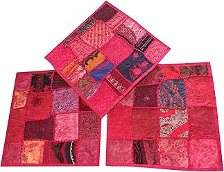 3 Ethnic Pink Cushion Cover Patchwork Sequin Cotton Square Pillow Cases 16x16