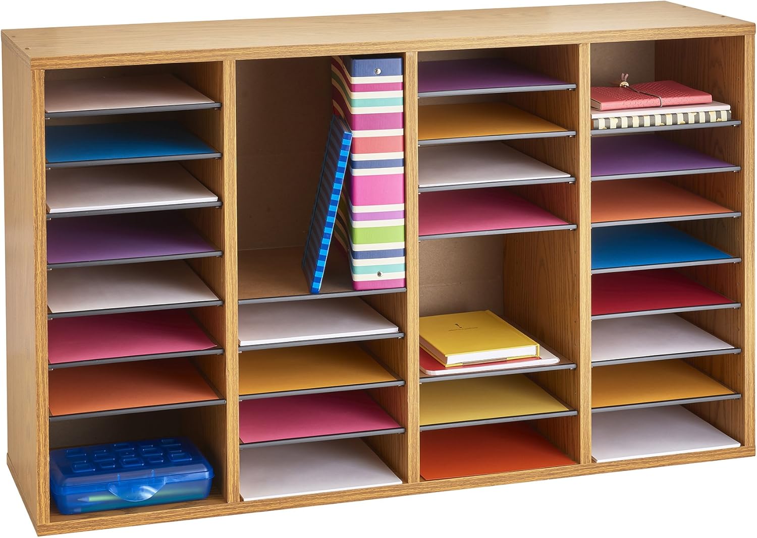 Safco Products Wood Adjustable Literature Organizer, 36 Compartment 9424MO, Medium Oak, Durable Construction, Removable Shelves, Stackable, Light Brown : Safeco Wood Adjustable Literature Organizer : Office Products