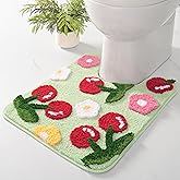 Anybar Green Cherry Toilet Rug & Mat U-Shaped 20"x24" - Soft Microfiber Contour Bath Rug Absorbent Non-Slip Bathroom Toilet Rugs Plush Bathroom Mat for Toilet Base Machine Washable Shaggy Bath Decor