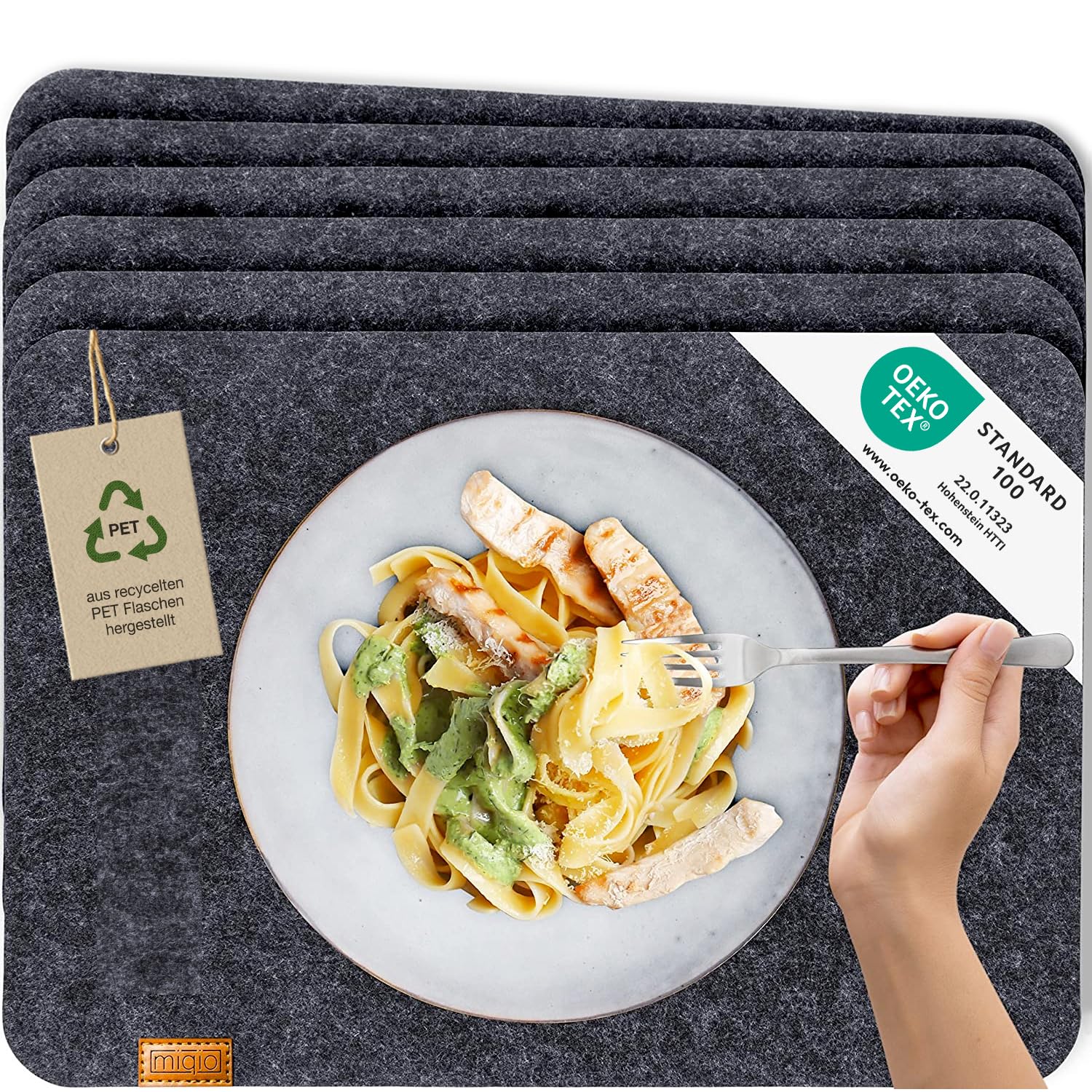 MIQIO® Scandi Style Felt Place Mats - Felt & Leather - Washable | Set of 4 Felt Placemats 44x30 cm | Table Mats for Table Decoration | Dark Grey — image 1