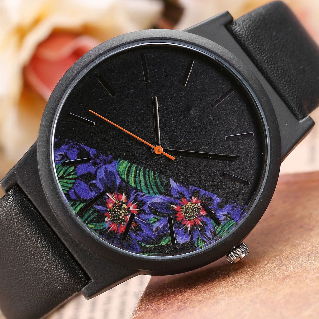 JSDDE Montre à Quartz Femme Fille Basel style Montre-bracelet moitié pivoine feuilles fleurs Noir Cadran Bracelet PU cuir -Brun