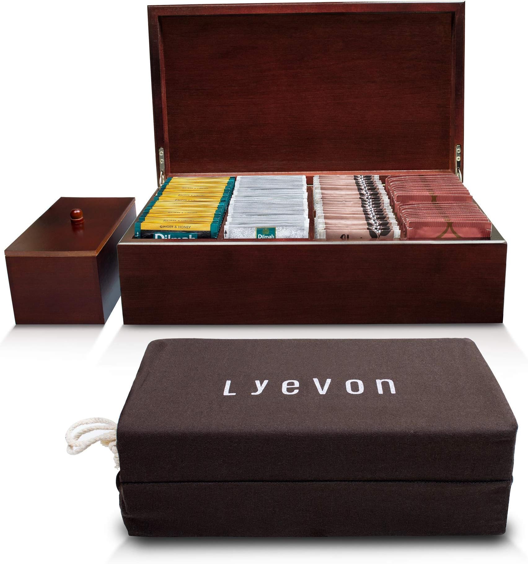 Lyevon Tea Storage Organizer Bamboo Chest Box with 8 Adjustable Compartments for Assorted Tea Bags or Spices -holds 125 Tea Bags