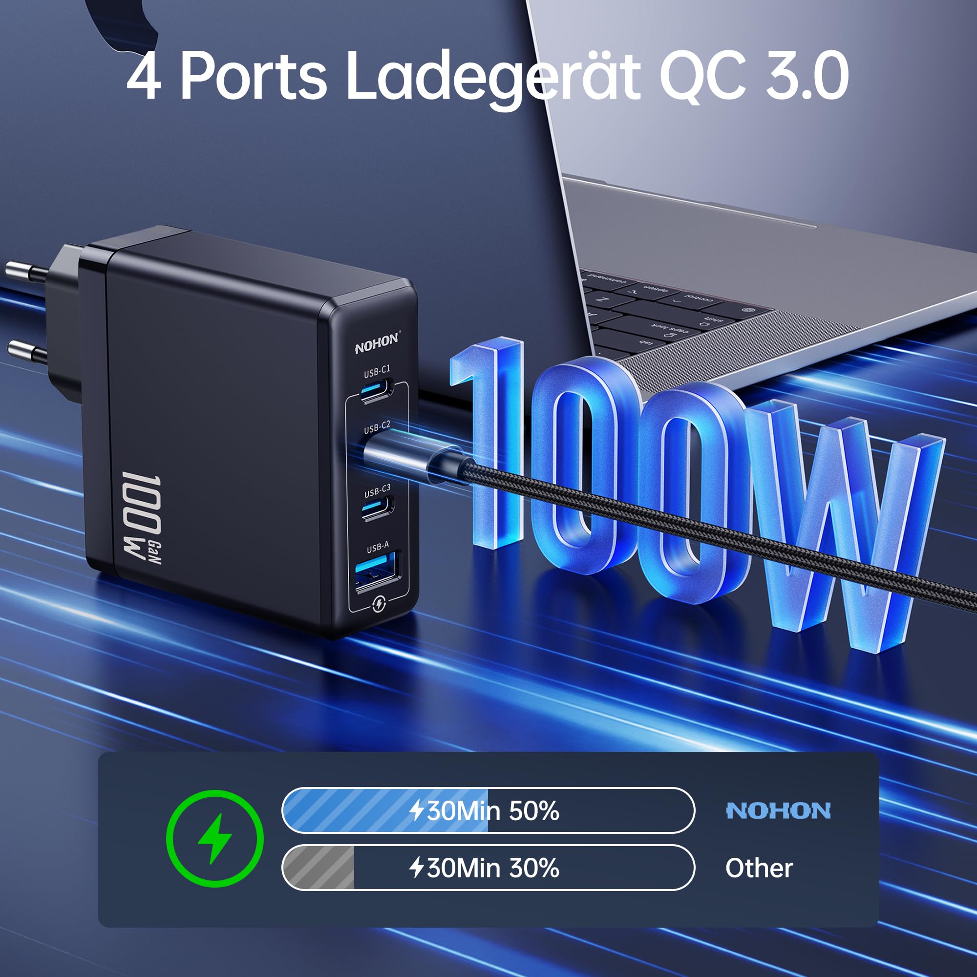 NOHON USB-C Ladegerät Fast Netzteil: 100W GaN Handy 3-Port Schnellladegerät PD Charger 3.0 mit 140W Typ-C 1.2M ladekabel | PPS kompatibel mit MacBook iPad Pro Air Galaxy S23 | für iPhone 15 14 13 12 2