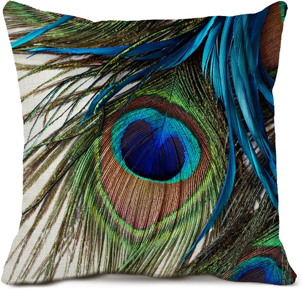 ZAZHUZAI Peacock Feather Decorative Throw Pillow Covers Cotton Linen Square Cushion Covers Feather for Couch Sofa Home Decor 18x18 Inches
