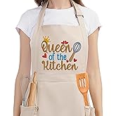 Fairy's Gift Funny Cooking Aprons for Women w/Pockets, Embroidered Cute Baking Aprons, Queen of the Kitchen, Galentines, Valentines Day Birthday Cooking Gifts for Women Baker Mom Wife Girlfriend Chef