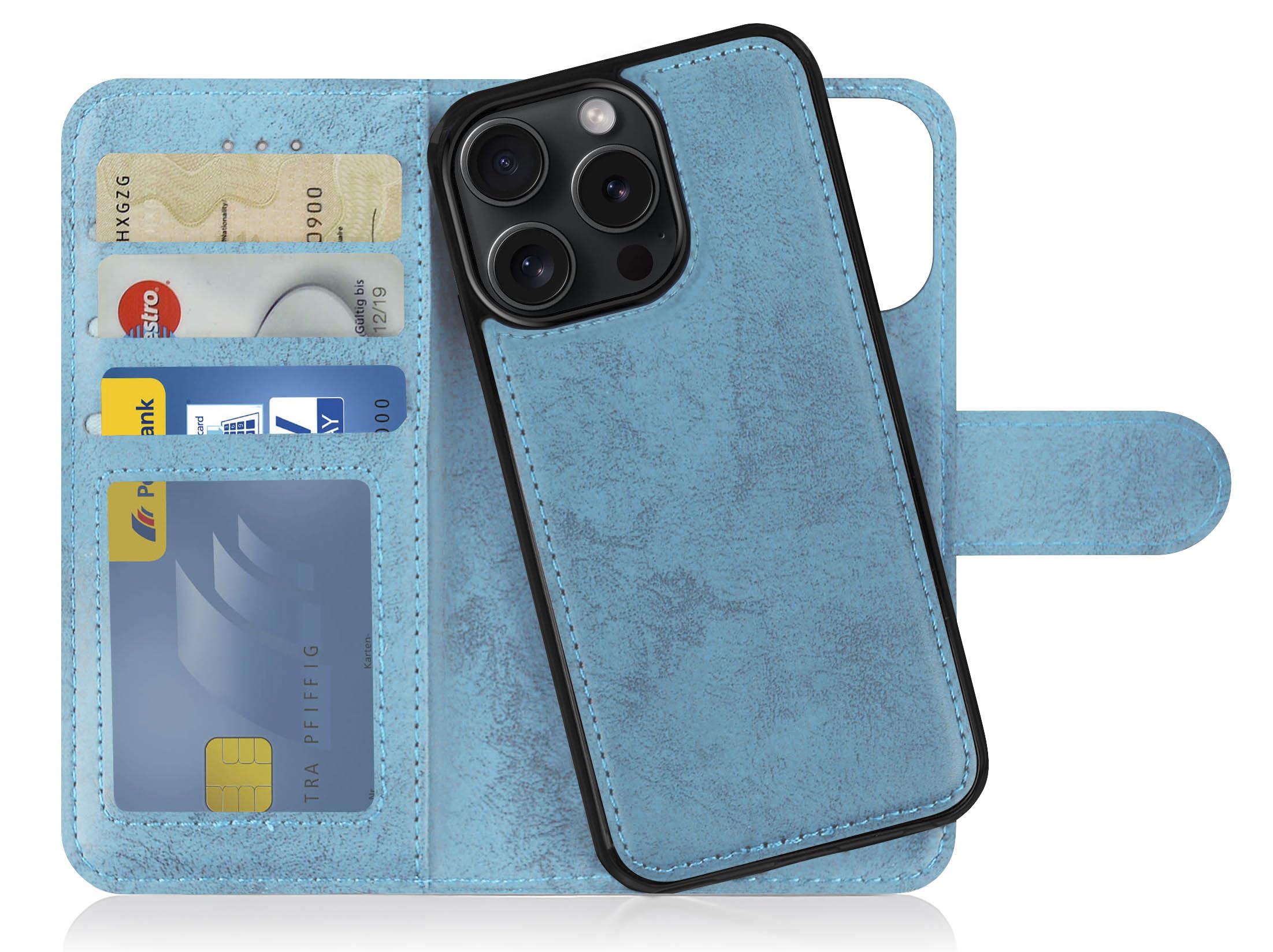 MyGadget Flip Case for iPhone 15 Pro Max - [ Removable Magnetic Cover ] - PU Leather Phone Case - [ Cover with Card Slot ] Protective Shell in Light Blue