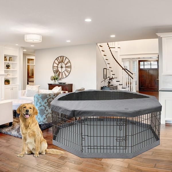 PETIME FOLDABLE METAL DOG EXERCISE PEN/PET PUPPY PLAYPEN KENNELS YARD FENCE INDOOR/OUTDOOR 8 PANEL 24″ W WITH TOP COVER AND BOTTOM PAD (PLAYPEN+BOTTOM+TOP COVER, 8 PANELS 24″ H)