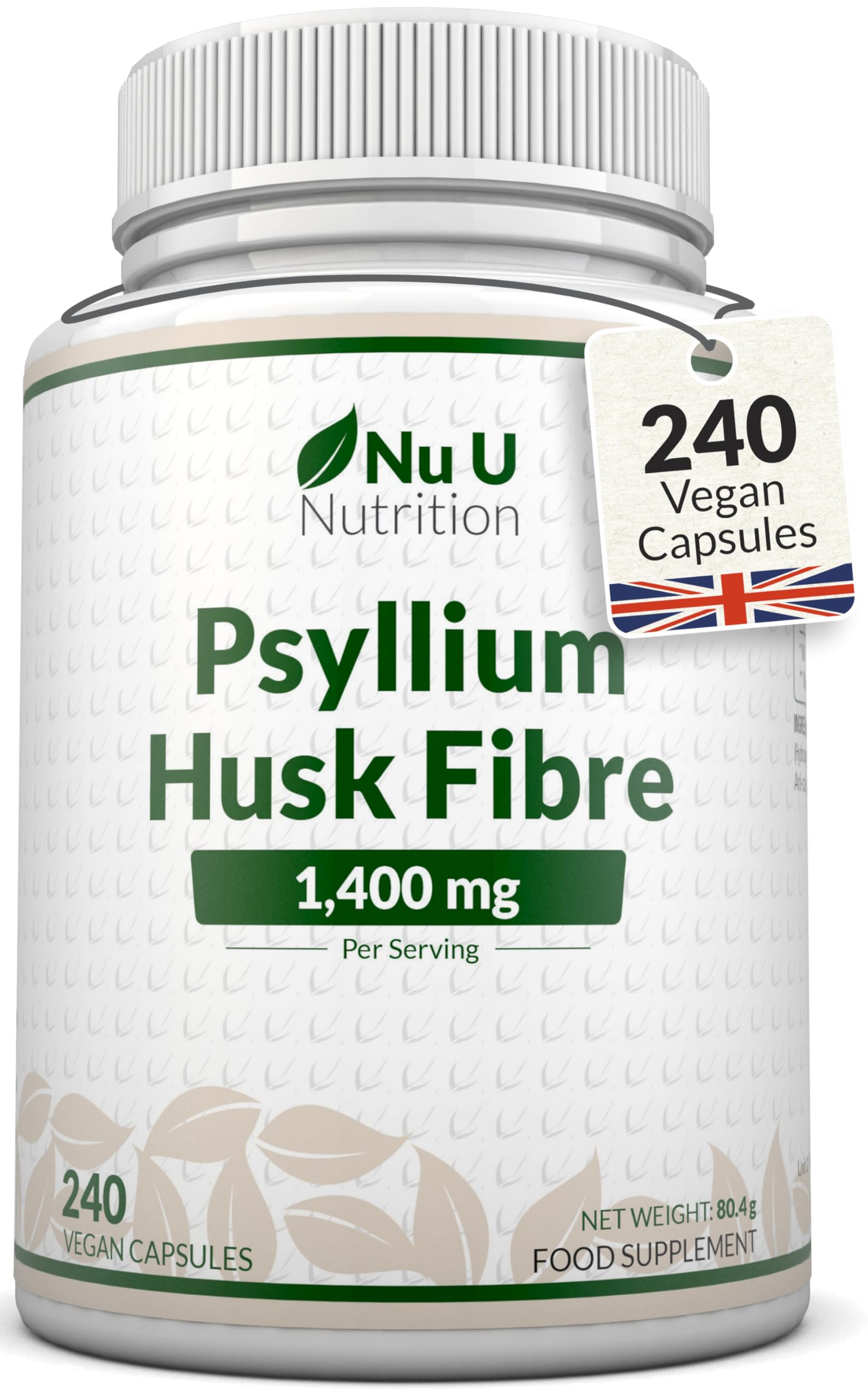 Psyllium Husk Fibre Supplement - 1400mg per Serving - 240 Vegan Capsules - Natural Soluble Prebiotic Fiber from Plantago Ovata Seeds - Made in the UK - Nu U Nutrition