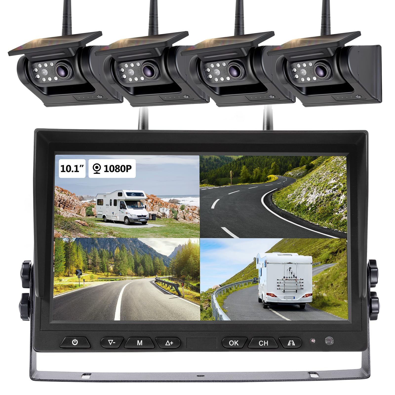 Photo 1 of WOOCARTY 10.1" - 4 Magnetic Solar Wireless Backup Camera System, HD 1080P DVR Monitor, RV Wireless Cameras for Hitch Towing RV Camper Trailer, IR Night Vision, 4x9600mAh Rechargeable Battery, SR4