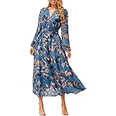 Simplee Women's Floral Boho Long Sleeve Maxi Dress V Neck Empire Waist Swing Flowy Wedding Guest Dress
