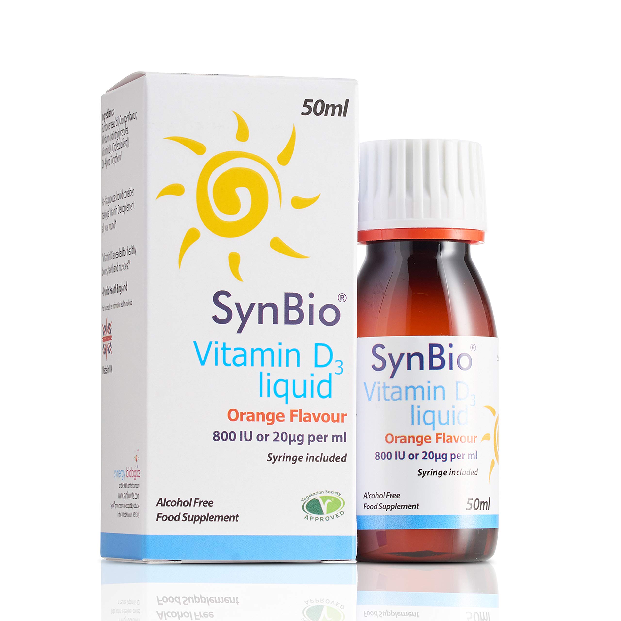 SynBio Vitamin D3 Liquid [800 IU/ml] (50ml) | Peanut/Nut Free | Vegetarian | SOYA Free | Dairy Free | Yeast Free | Sugar Free | Gelatin Free | Orange Flavour | for All Ages Infants to Adults | UK