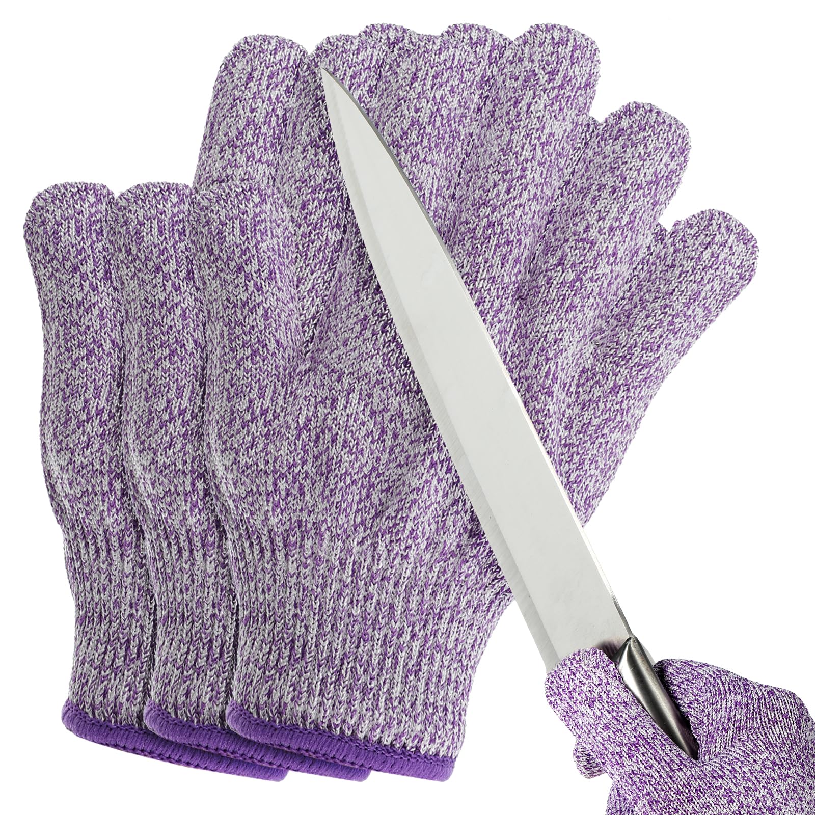 PATIKIL Cut Resistant Gloves, 3 Pair Level 5 Protection Anti Cutting Gloves Cut Proof Gloves for Kitchen Wood Carving Working, Large, Purple