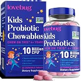 LOVEBUG Probiotics for Kids &ndash; Probiotic Chewables with Prebiotic Fiber for Age 4+, Daily Children's Gut Health, Constipation, Digestive &amp; Immune Support Supplement, Sugar-Free Berry Flavor, 60 ct