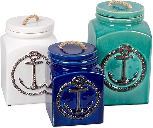 Amazon Com 3 Piece Ceramic Nautical Anchor Square Canister Set