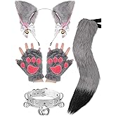 Vicenpal 5 Pcs Cat Cosplay Costume Set Wolf Fox Tail Ear Hair Clip Neck Chocker Fingerless Paw Glove for Halloween Party