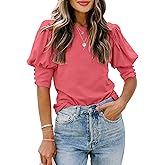 SimpleFun Women's Puff Sleeve Tops Summer Crewneck Loose Casual Blouse Shirts