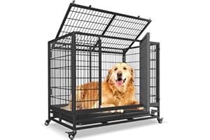 SFTORMAS 48" Heavy Duty Indestructible Dog Crates for Large Dogs, Dog Kennel Indoor with Lockable Wheels, Steel Escape Proof Dog Cage Medium Sized Dog, Removable Tray, Extra Large XL