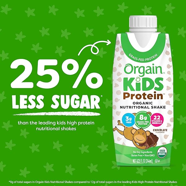 ORGAIN ORGANIC KIDS NUTRITIONAL PROTEIN SHAKE, CHOCOLATE, HEALTHY KIDS SNACKS, 8G DAIRY PROTEIN, 3G FIBER, 22 VITAMINS & MINERALS, NO SOY INGREDIENTS, GLUTEN FREE, NON-GMO, 8.25 FL OZ (PACK OF 12)