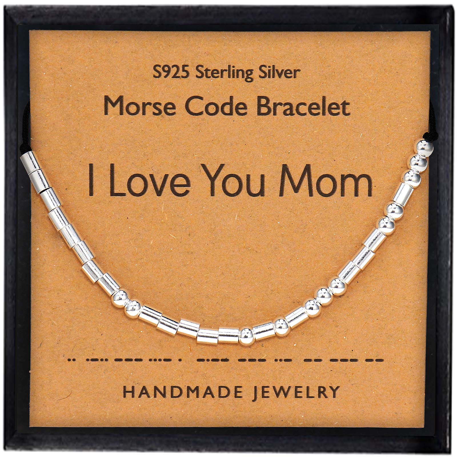 YooAi Morse Code Bracelet Mother Gift Sterling Silver Beads Silk Cord Bracelet Handmade Jewelry Gift for Birthday Mother's Day I Love Mom