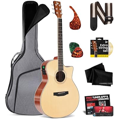 Pyle Premium Electric Acoustic Guitar Kit, 41" Full Size Dreadnought Cutaway with Spruce Top, Mahogany Sides, Gig Bag, Strap, Pickguard, Picks, Extra Steel String Set for Beginners, Advanced, Natural