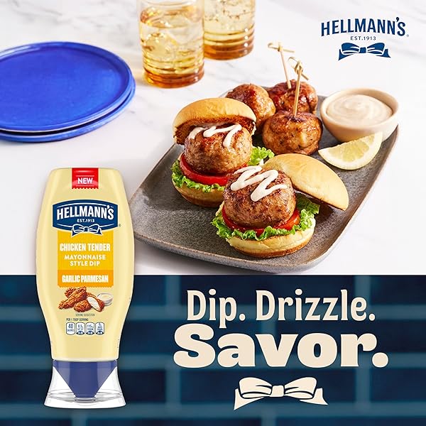 HELLMANN’S GARLIC PARMESAN CHICKEN TENDER MAYONNAISE STYLE DIP GARLIC PARMESAN DELICIOUS FLAVOR NO ARTIFICIAL FLAVORS 11.5 FL OZ