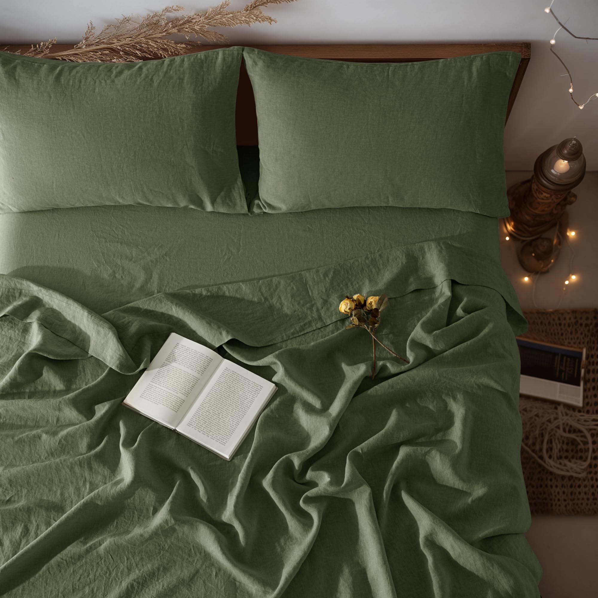 Photo 1 of LBRO2M 100% Linen Sheet Set 16" Deep Pocket Queen Size,Bed Sheets 4 Piece Sets,Solid Color Natural Flax Bed Sheets Soft Breathable Bedding, All Season (Queen, Olive Green)