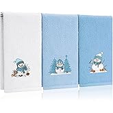FuWeave 3 Pcs Christmas Hand Towels Cute Snowman Family Embroidered Blue Decorative Bathroom Towels for Bathroom Kitchen Decor Winter Set, 100% Cotton, 13.3 x 29.5''