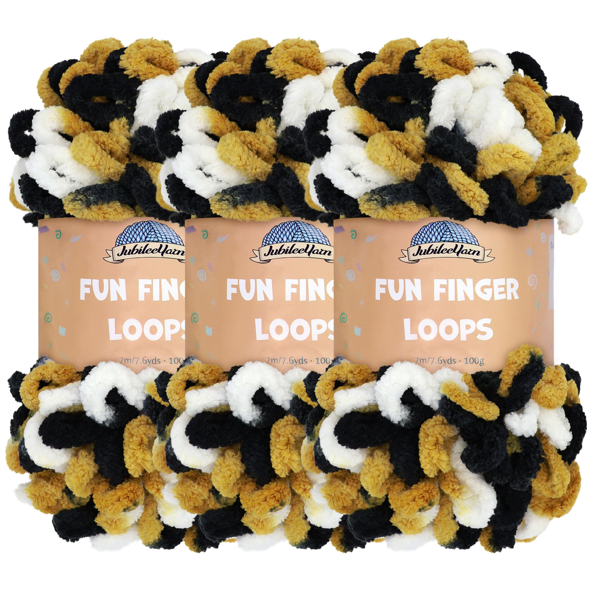 JubileeYarn Fun Finger Loops Yarn - Polyester Jumbo Weight Loop Yarn - 100g/Skein - Black Gold White - 3 Skeins