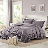 Cupocupa Purple Ruffle King Size Comforter Set, Shabby Chic Boho Bedding Comforter Sets, Fluffy Cozy Bedding Comforters & Sets for All Season, 3PCS Lightweight Farmhouse Rustic Bedding Sets