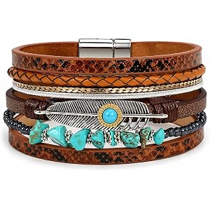 Western Boho Turquoise Leather Stackable Bracelet for Cowboy Cowgirl | Genuine Leather Construction | Bohemian Design | Adjus