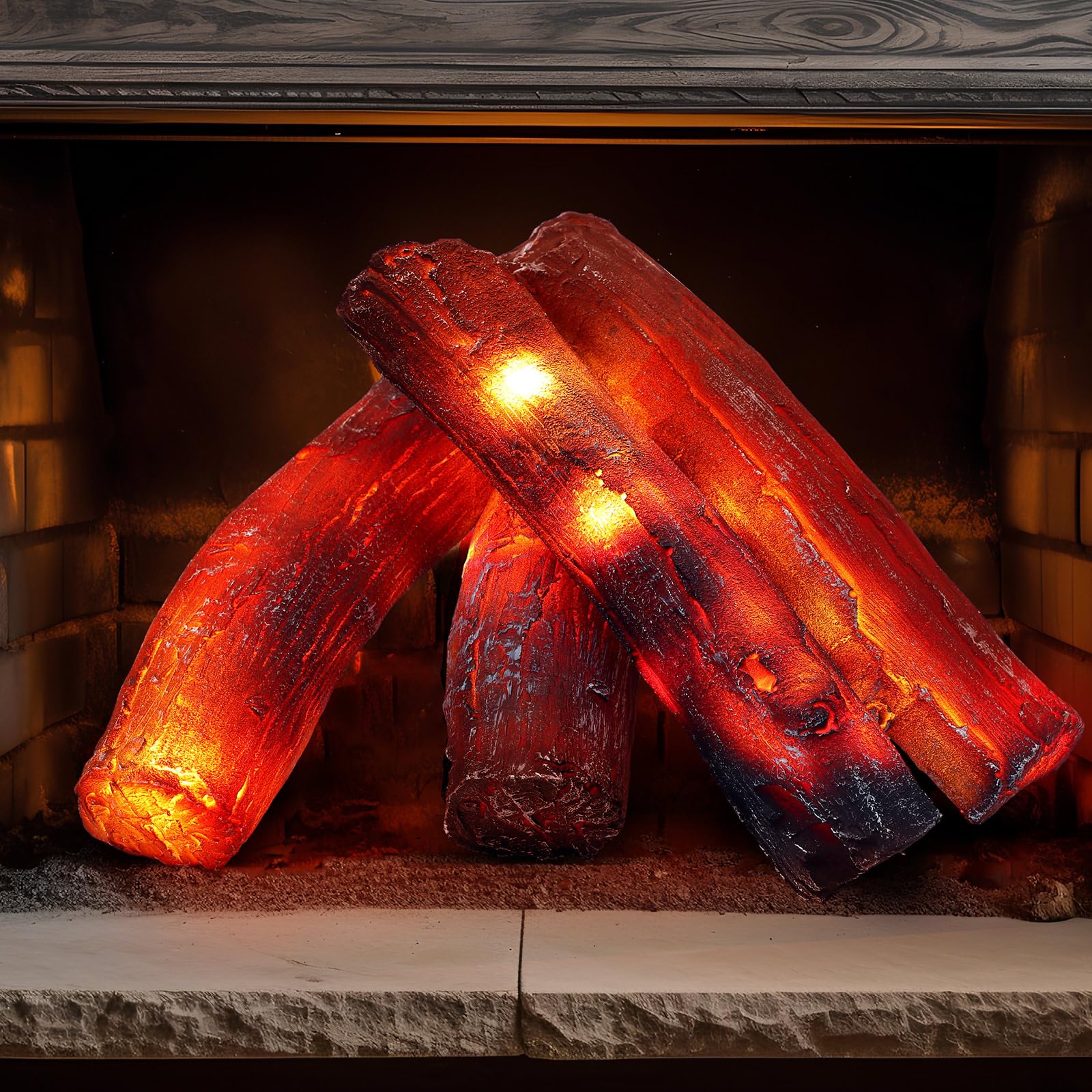 Photo 1 of Tuanse 4 Pcs Flameless Fireplace Logs Light Fake Fireplace Logs 8.6 in Flameless Fireplace Light LED Fireplace Log Fake Flameless Fire Log LED Log for Winter Ornament Home Christmas Indoor Party Decor
