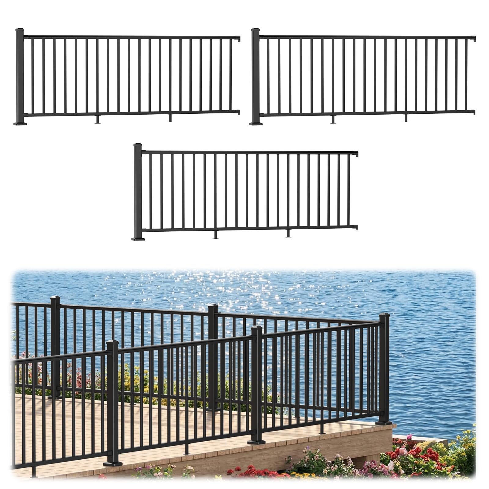 Photo 1 of BLIKA 36 in H. x 8 ft W. Aluminum Deck Railing Kit with Post, Matte Black Porch Railing Kit, Aluminum Level Railing and Baluster Kit for Decks, Balconies, Porches & Fencing(3 Post, 3 Panel)