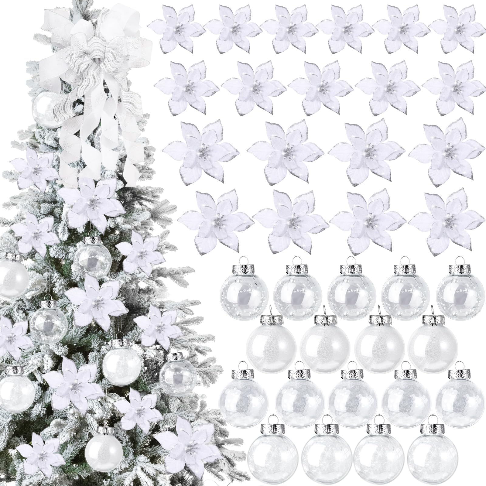 49 Pcs Christmas Tree Decoration Set Include Christmas Tree Topper, 24 Glitter Xmas Flowers 3 Sizes, 24 Pcs 2.36 Inch Xmas Ball Ornaments for Holiday Party Decorations(White)