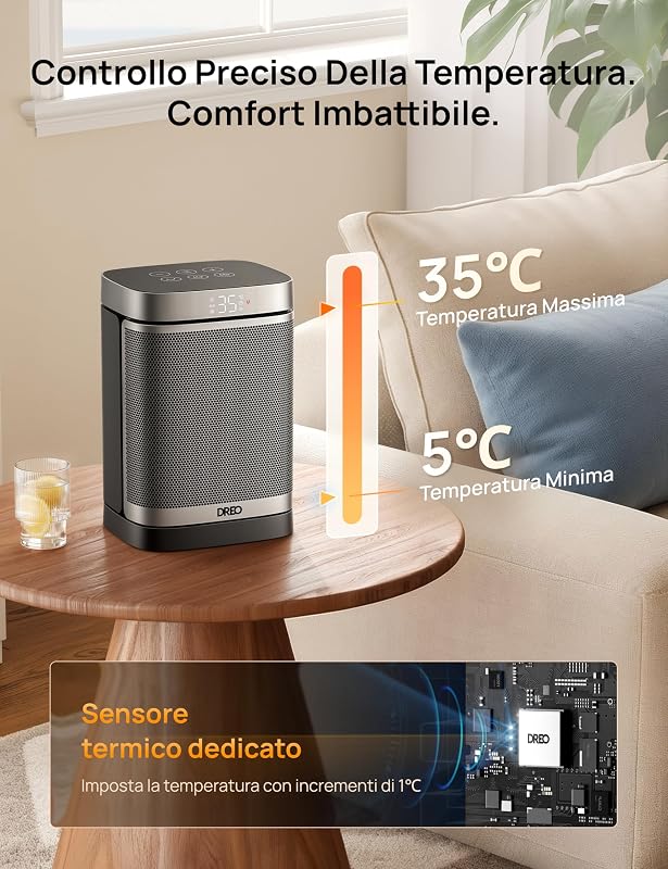 Termoventilatore a risparmio energetico, silenzioso, riscaldamento elettrico da 1500 W, con telecomando, riscaldamento elettrico oscillante a 70°, timer da 12 ore, 3 modalità 3 velocità,