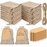 100 Pcs Bulk Tiny Burlap Sack Bags with Drawstring, Reusable Premium Linen Sack Bags with Tag and String, Small Party Favor Gift Bag, for Wedding Party Favor, DIY Craft Sachet Bag, 4 x 5.5 In, Brown