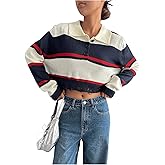 WDIRARA Women's Colorblock Ripped Sweater Long Sleeve Collar Pullovers Knit Crop Tops