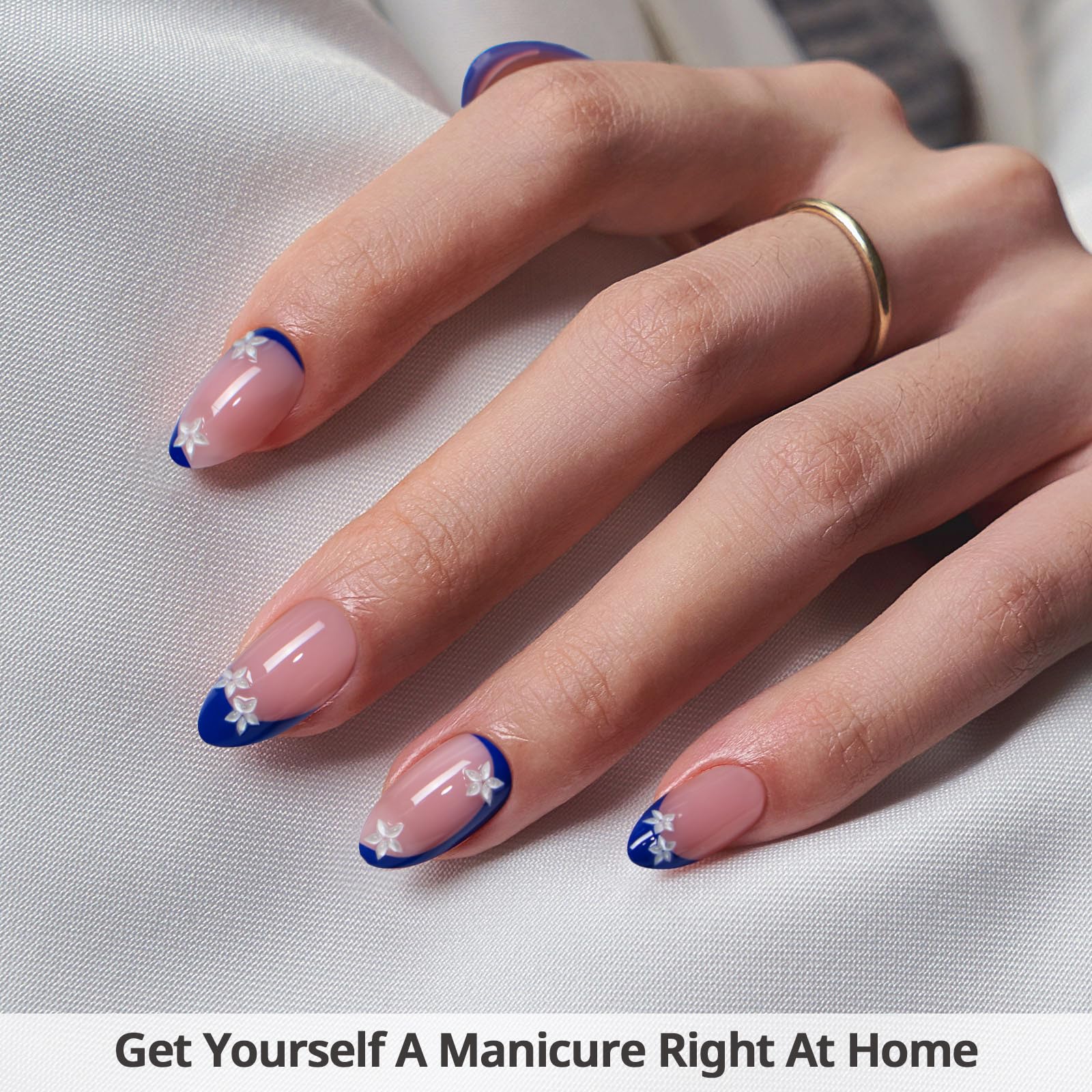 BTArtbox Press On Nails Short - Lamp-Curable Blue French Tip Almond Press On Nails with Glue for Women, Semi-Transparent Soft Gel Glue On Nails in 16 Sizes - 32 Stick On Nails Kit, Blue Blossom - Image 2