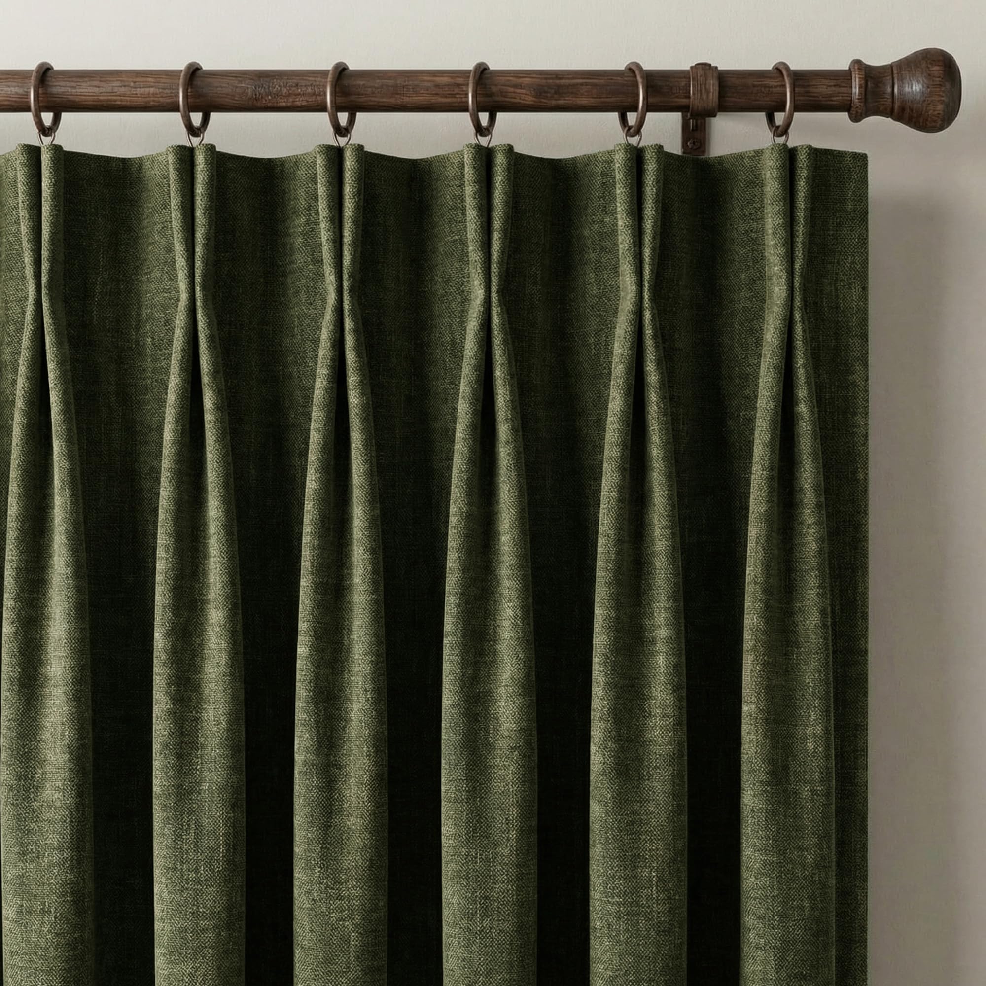 NICETOWN 395GSM Linen Pinch Pleated Vintage Olive Green Curtains 90 inch Long with Hooks - Room Darkening Wrinkle Resistant Drapes for Dining Room & Bedroom, Modern Home Decor (40